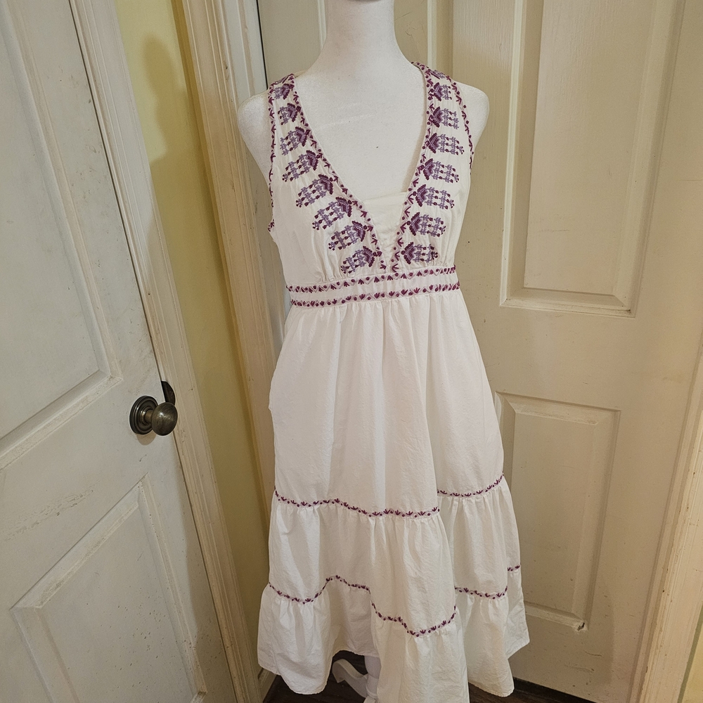 Anthropologie White Dress with Purple Embroidery